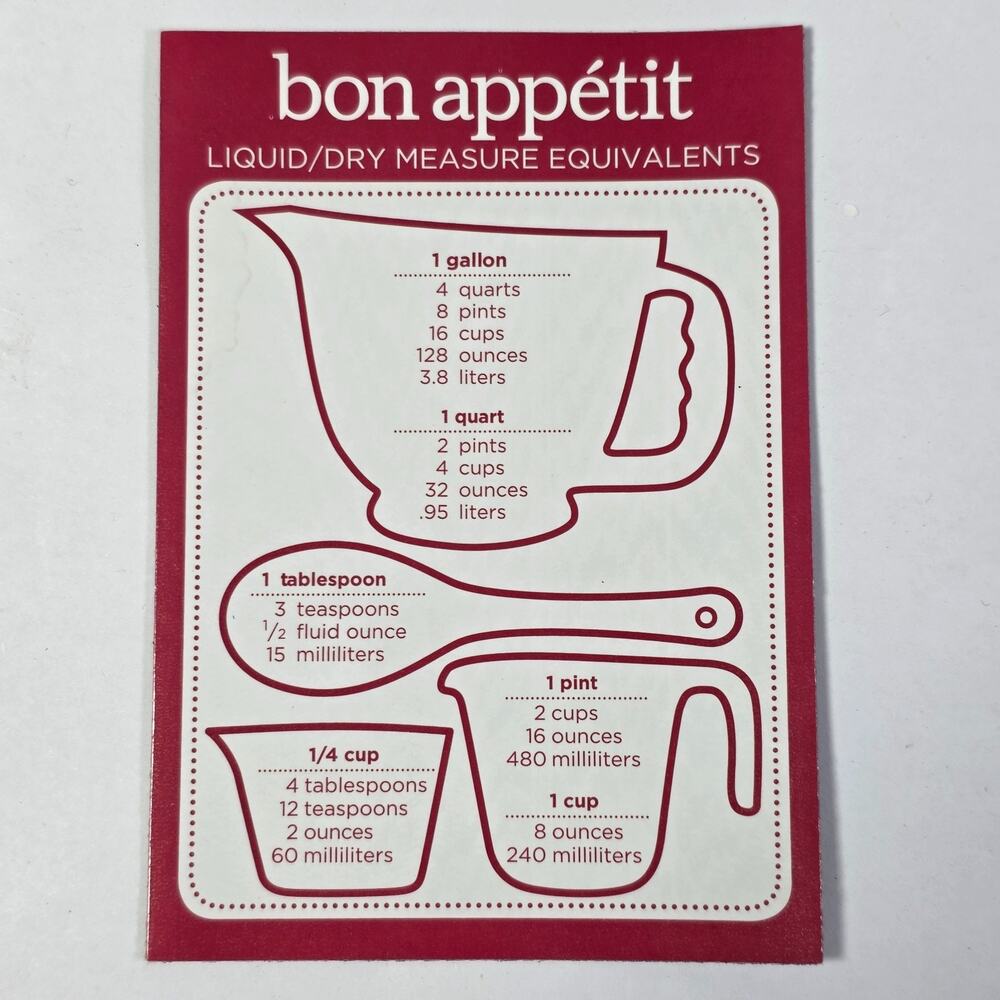 Bon Appetit Kitchen Measurement Conversion Magnet Liquid Dry Equivalents 3.5x5